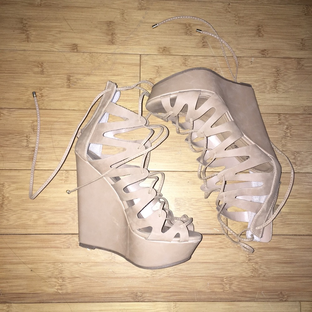 nude lace up wedges